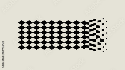 Dynamic abstract checkered pattern dissolving into fragmented squares, creating a visual effect of breakdown and transformation on a light background.