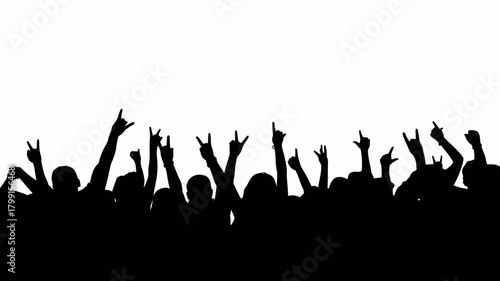 Concert crowd silhouette raising hands with rock and roll gestures, celebrating live music event or festival atmosphere