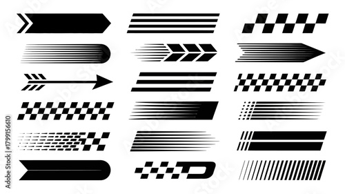 Dynamic vector set of speed lines, racing stripes, and motion arrows. checkered flag elements for sports, automotive, and fast designs.