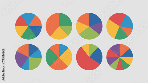 Colorful pie chart set displaying data visualization. various segmented circles illustrating statistics and business analytics.