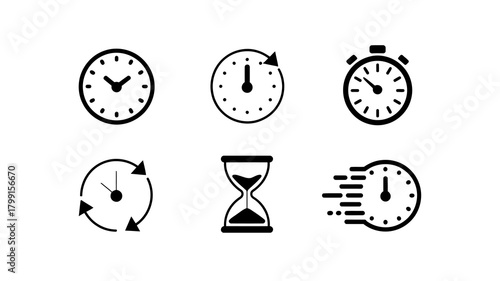 Collection of diverse black and white time icons featuring clocks, stopwatch, hourglass, and speed concepts on white background.