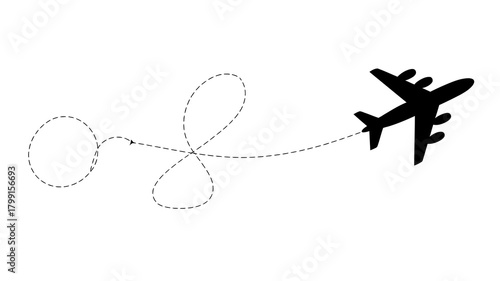 Airplane path tracing complicated route, indicating travel, adventure, or logistic movement. aircraft journey concept with dotted line on white.