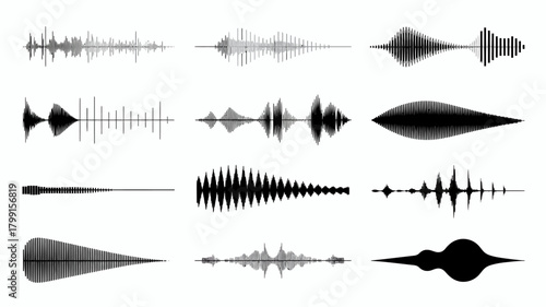 Dynamic collection of abstract sound wave patterns and audio visualizer elements, showcasing diverse digital signal representations for modern technology.