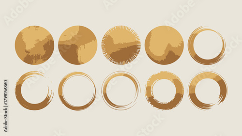 Collection of various golden round shapes and brushed circles, luxurious and artistic design elements for branding and decoration.
