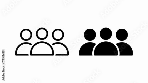 Group of people icon set, including outline and solid filled versions, representing team, user, and social concepts