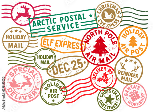 Vintage Christmas postmarks and holiday mail stamps set