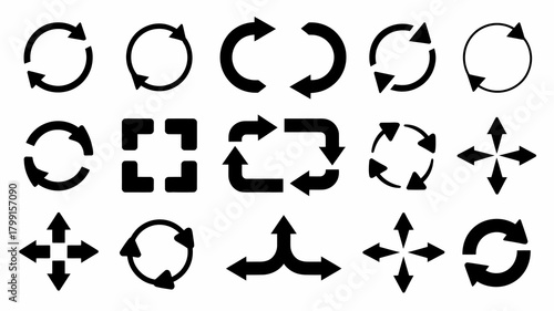 Collection of black arrows for refresh, rotate, reload, repeat, cycle, expand, and directional navigation concepts on transparent background.