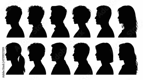 Set of diverse male and female profile silhouettes with various hairstyles representing people and identity on white background