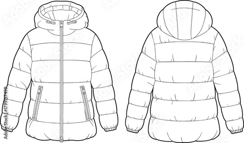 Winter puffer jacket technical flat sketch, hooded coat fashion design, front and back view outline, cad drawing vector illustration