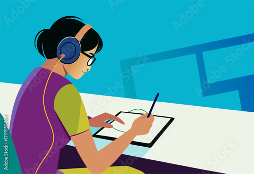 Focused Young Woman Creating Digital Art on Tablet in Colorful Workspace