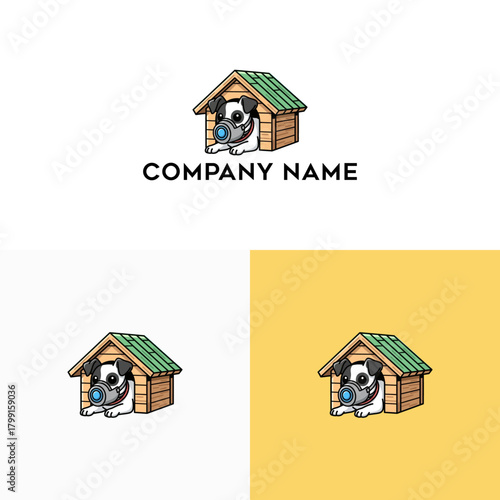 Adorable illustrated dog mascot peeking from a wooden doghouse with a ball, perfect for a pet brand logo