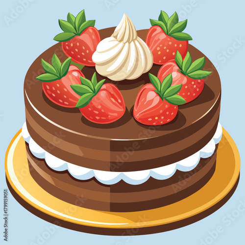 Strawberry Chocolate Cake with Cream – Delicious Dessert Vector Illustration,