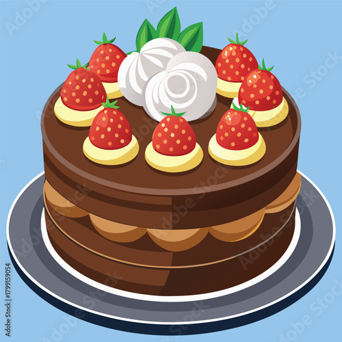 Strawberry Chocolate Cake with Cream – Delicious Dessert Vector Illustration,