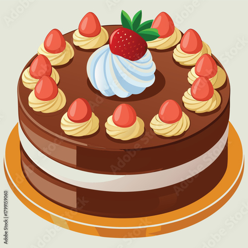 Strawberry Chocolate Cake with Cream – Delicious Dessert Vector Illustration,