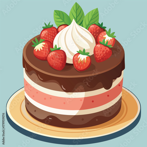 Strawberry Chocolate Cake with Cream – Delicious Dessert Vector Illustration,
