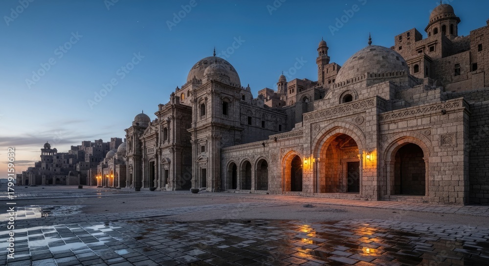 Fototapeta premium Night view of ancient mosque architecture, a landmark building in India for tourism and religion