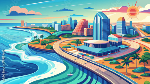 Very beautiful aerial view of the Atlantic City waterline showcasing sweeping coastal scenery, gentle waves, and a bright shoreline with modern buildings and serene ocean atmosphere.