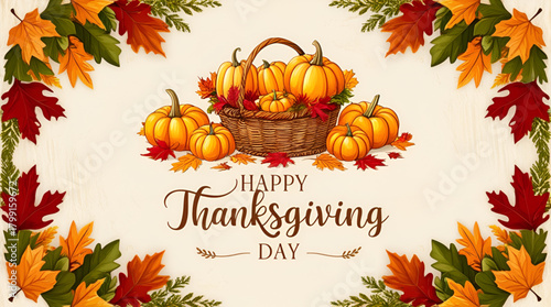 Arrangement of pumpkins, scattered autumn leaves, and acorns framing stylish Happy Thanksgiving Day lettering