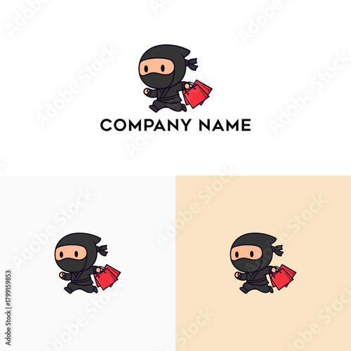 Vibrant cartoon ninja character swiftly running with red shopping bags, a dynamic concept logo for modern e-commerce and rapid retail delivery services
