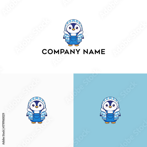 Cute Cartoon Penguin Logo in Overalls and Hoodie