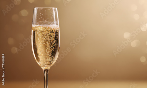 tall flute filled with sparkling champagne against a soft golden bokeh background, highlighting the bubbles rising in a festive, luxurious ambiance