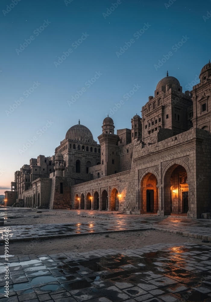 Naklejka premium Night view of ancient mosque architecture, a landmark building in India for tourism and religion