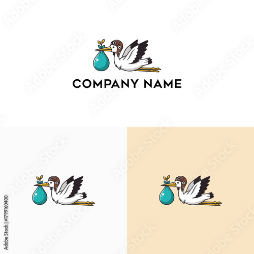 Charming logo of a flying stork delivering a newborn baby. This cute bird cartoon icon symbolizes birth, maternity, and new beginnings