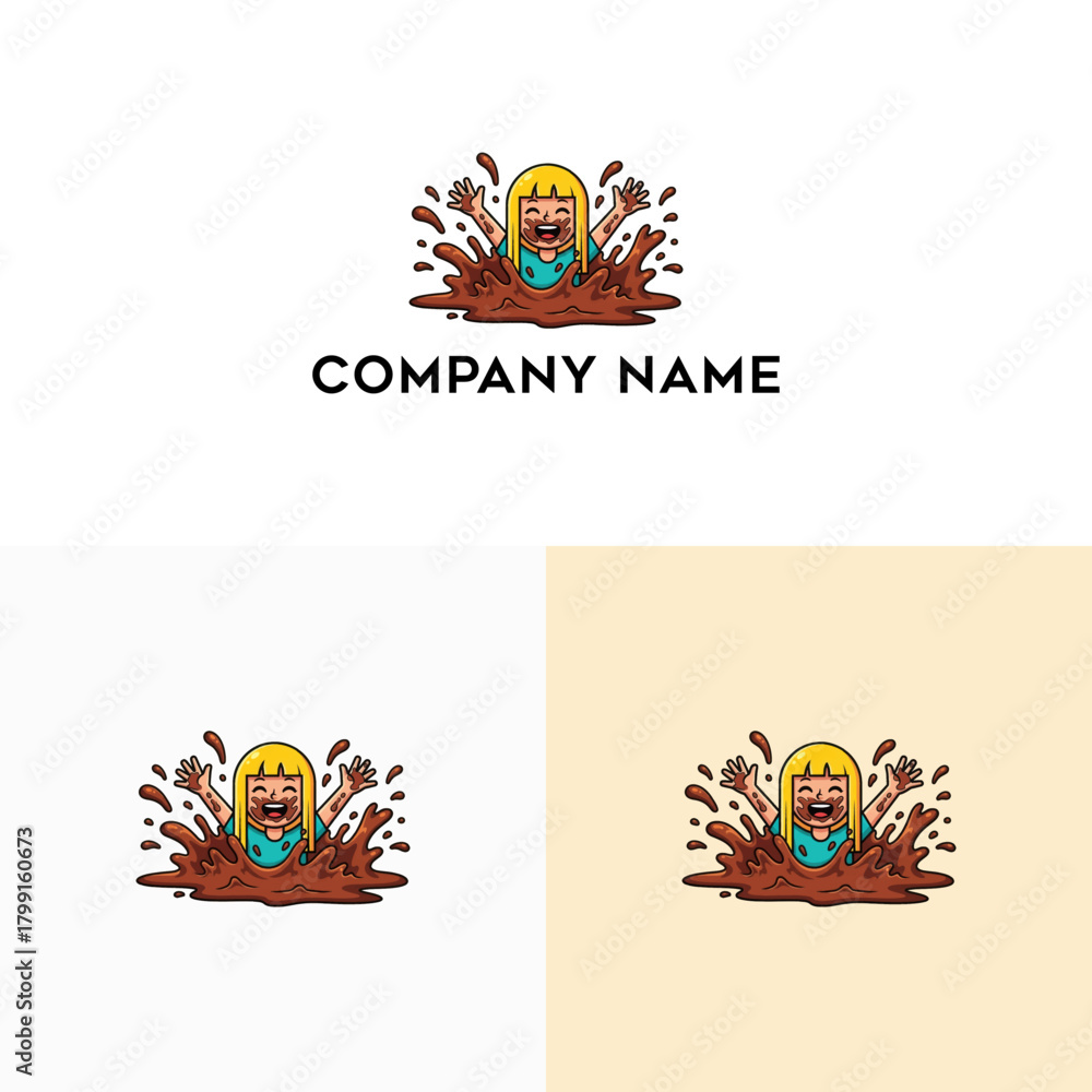 Obraz premium Vibrant cartoon illustration of an ecstatic character joyfully splashing and laughing in a rich, delicious chocolate river, ideal for playful food branding or a lively mascot design