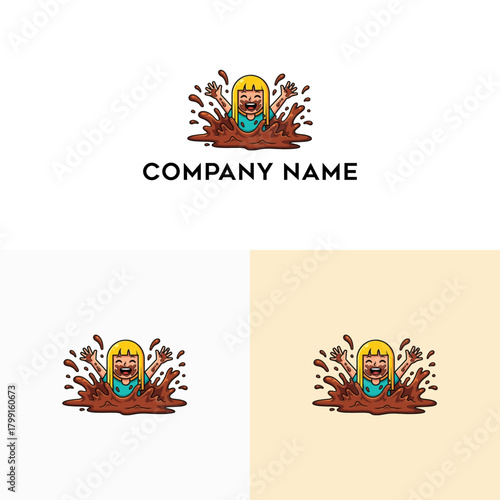 Vibrant cartoon illustration of an ecstatic character joyfully splashing and laughing in a rich, delicious chocolate river, ideal for playful food branding or a lively mascot design