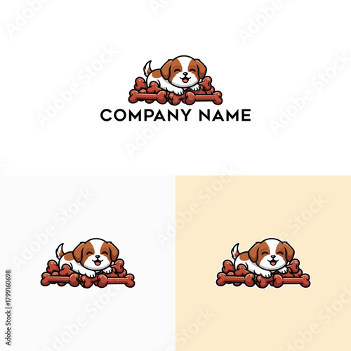 Cute cartoon puppy playing with bones, playful dog logo for pet company