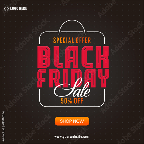 Elegant Black Friday sale banner with bold red typography, 50% discount, and a shopping-bag frame on a dark dotted background.