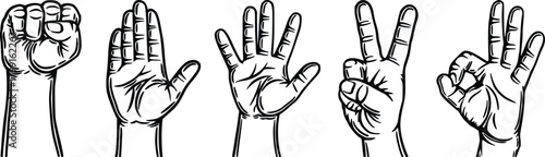 Vector hand drawn Hand signs concept sketch. Set of human palms with different gestures meaning different signs. Lettering Hands signs. vector set