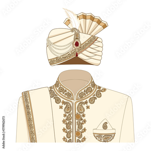 Elegant indian groom attire isolated on a regal ensemble featuring a sherwani, turban, and shawl for a traditional wedding ceremony