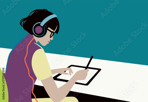 Young Woman Creates Digital Art with Tablet and Headphones