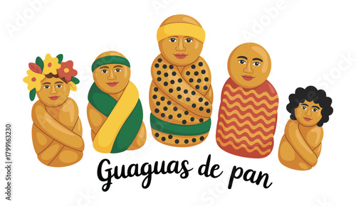Guaguas de Pan – Traditional Ecuadorian Bread Babies for Day of the Dead, Sweet Child-Shaped Pastries Decorated with Colorful Icing in Cultural Holiday Food Style