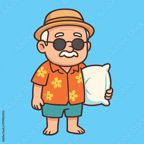 Cartoon grandpa in floral shirt hat and sunglasses holding a pillow.