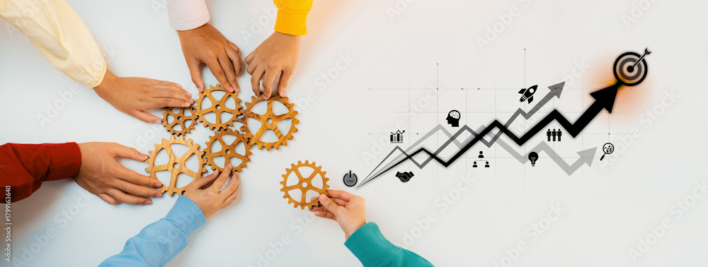 © InfiniteFlow - Diverse hands reach for gears symbolizing teamwork and collaboration, while a business growth graph illustrates progress and success in a modern workspace. Trope © InfiniteFlow - Diverse hands reach for gears symbolizing teamwork and collaboration, while a business growth graph illustrates progress and success in a modern workspace. Trope