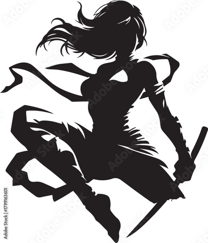 The silhouette of a female warrior is depicted, exuding strength and agility, set against a plain white backdrop.