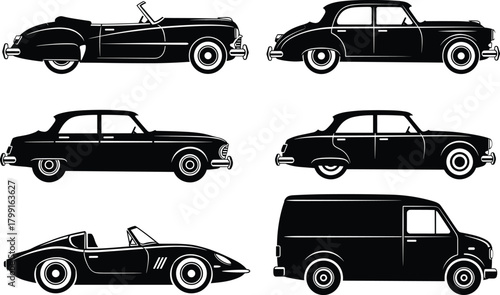 Classic vintage cars vector illustration, retro automobile collection, old car silhouettes, antique vehicles, transportation design, automotive nostalgia artwork, collectible car graphic set.