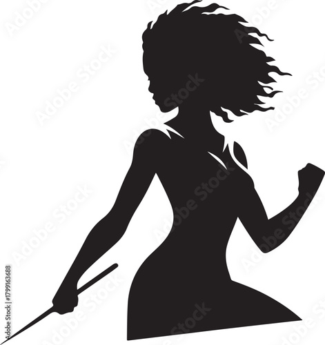 This is a black silhouette vector image of a female warrior figure with a sword and wavy hair.