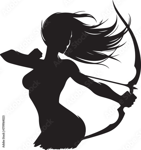 Silhouette of a female warrior with a bow and arrow, embodying strength and determination in a striking monochrome design.