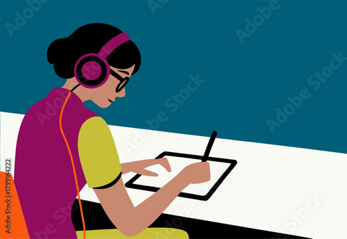 Young Woman Creating Digital Art on Tablet in Colorful Workspace