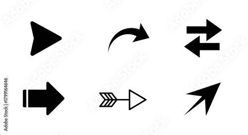Collection of diverse black arrows symbolizing direction, movement, and choices against a clean white background.
