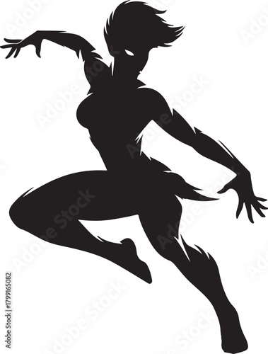 A black silhouette of a powerful female warrior, capturing her strong pose and determined spirit in a striking and iconic design.