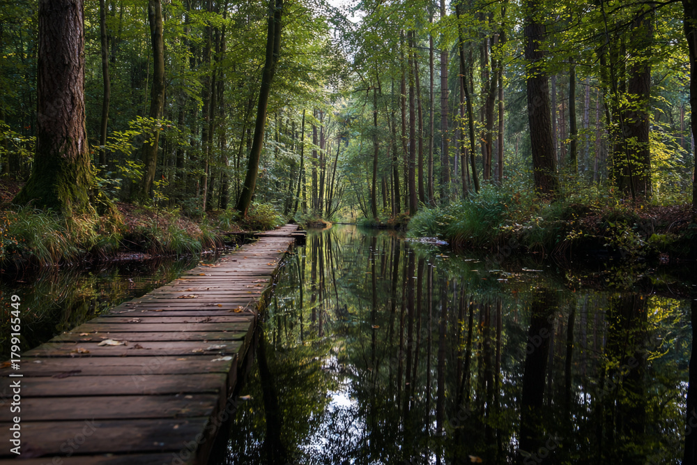 Fototapeta premium A wooden boardwalk leads through a serene forest with a tranquil water channel reflecting the trees and greenery