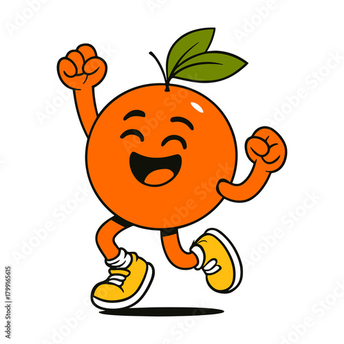 A happy orange mascot is celebrating success