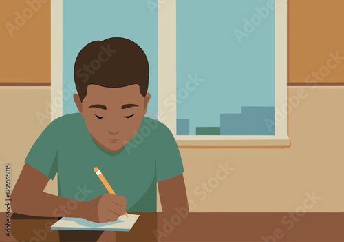 Young Black Boy Concentrates on Homework in Classroom by Window