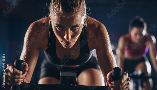 Intense Spin Class – Determined Woman Sweating During High-Effort Indoor Cycling