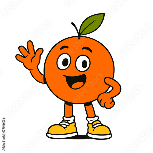 Cartoon orange mascot cheerfully waving hello