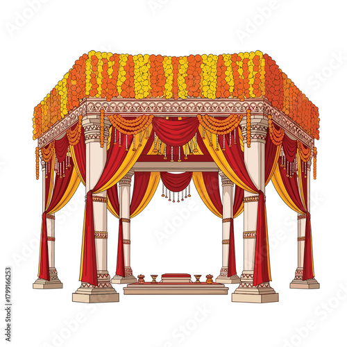 Ornate indian wedding mandap decorated with flowers and drapes a sacred space for hindu marriage ceremony isolated on